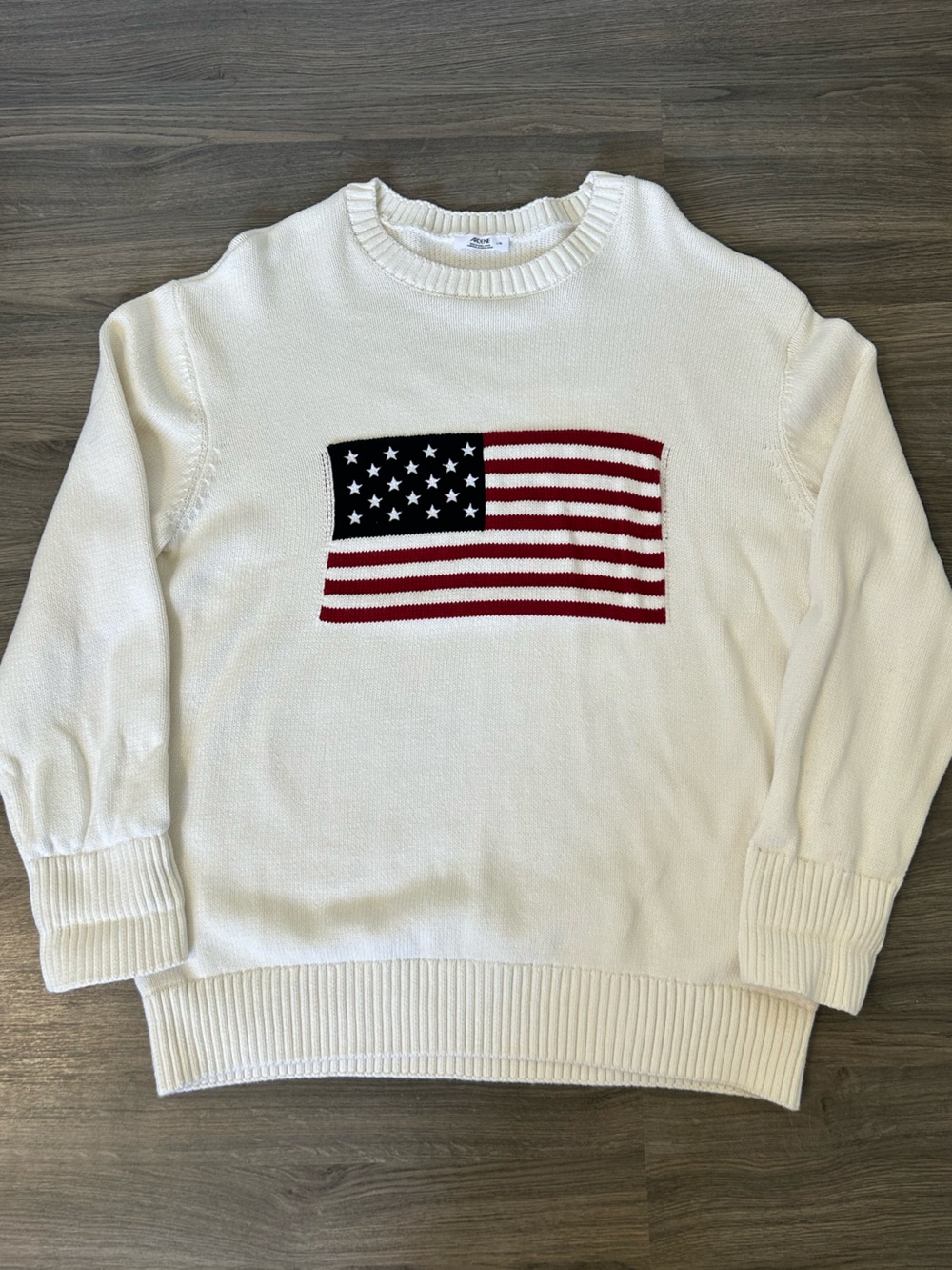 Ardene White Crewneck Sweater with American Flag Knit 100% Cotton USA Sweater